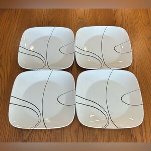 SET OF 4 CORELLE SIMPLES LINES BLACK AND WHITE SQUARE DINNER PLATES 10.5"